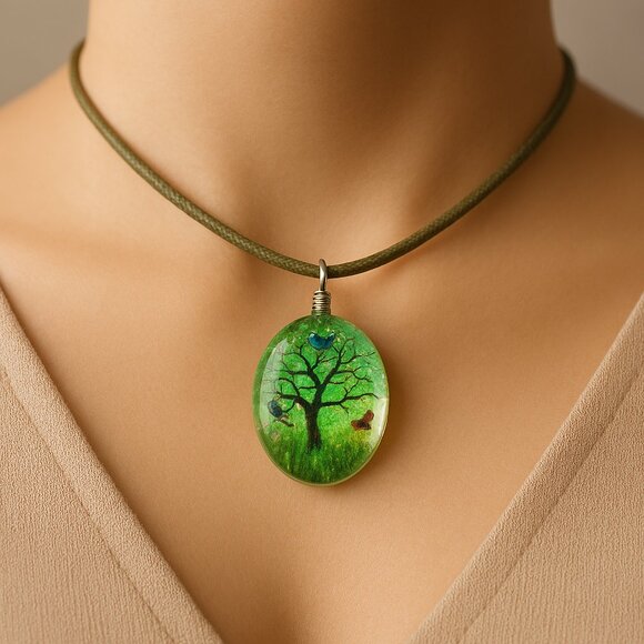 Oval Resin Green Tree Pendant Necklace - 18" Green Cord Fashion Jewelry - Picture 1 of 7